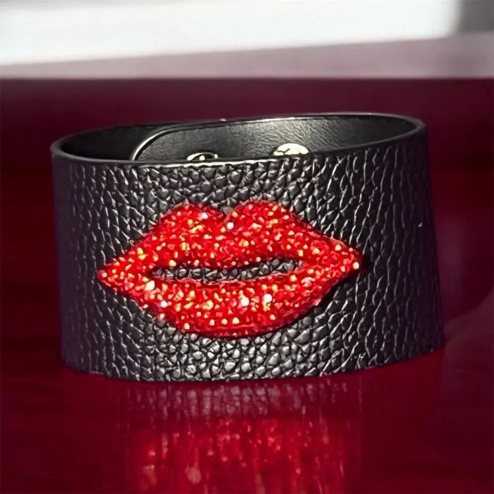 Rhinestone Red Lip Cuff Bracelet Black PU Leather​